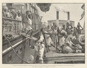 Expedição de Socorro a Emin Pasha em Banana Point, 18 de março de 1887, o navio a vapor Madura transferindo passageiros para um barco a vapor do rio Congo de William Heysham Overend