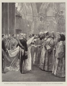 O casamento imperial em São Petersburgo, a noiva recebendo água benta na Igreja de São Pedro e São Paulo antes do casamento de William Heysham Overend