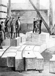 O novo farol de Eddystone: O estabelecimento de corte de pedras em Oreston, ilustração de "The Illustrated London News", 1879