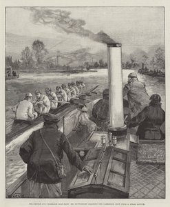 A corrida de barcos de Oxford e Cambridge, Sr. Muttlebury, treinando a equipe de Cambridge de um lançamento a vapor