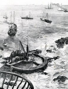 O Príncipe de Gales e Duque de Edimburgo, que estabelece a pedra fundamental do novo farol de Eddystone, ilustração de "The Illustrated London News", 1879