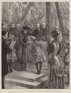 O Príncipe de Gales no Hospital St Mary, Paddington, 17 de dezembro, a Princesa Maud recebendo bolsas para a Ala Clarence de William Heysham Overend