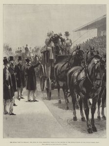 A visita real à Irlanda, o duque de York, apresentando chicotes para os pilotos do Four-in-Hand no Dublin Horse Show