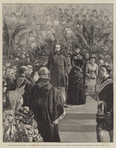A visita real a Leeds, o príncipe e a princesa de Gales, recebendo um discurso da Leeds Corporation no Victoria Hall