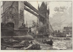A Tower Bridge, a ser erguida sobre o rio Tâmisa, pedra fundamental colocada pelo príncipe de Gales na segunda-feira passada de William Heysham Overend
