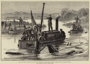 A Guerra, Oficiais russos derrubando a bandeira otomana do Lutfi Djelil, Gun-Boat turco, afundado perto de Braila