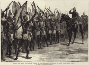 A Guerra Zulu, General Lorde Chelmsford, revendo o Contingente Nativo nas Margens do Tugela, Nativos gritando HH-Ooo!