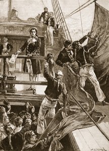 O motim em Spithead: arrastando a bandeira vermelha no "Royal George", de 1797, ilustração de "História Ilustrada de Cassell da Inglaterra" (foto sépia)
