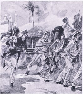 A brigada naval de HMS Shannon em Lucknow, novembro de 1857, ilustração das batalhas britânicas na terra e no mar, 1915 de William Heysham Overend