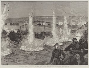 Prática de torpedos em Portsmouth, Gun-Cotton Mines explodiu em frente aos barcos atacantes na Whale Island