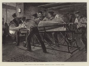 Prática de Torpedo a bordo do HMS Thunderer, preparando-se para lançar um Torpedo Whitehead