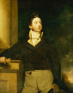 Retrato de um cavalheiro, de pé, com três quartos, vestindo uma jaqueta marrom com jabot branco, em uma paisagem,