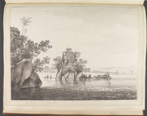 Vista de um rochedo isolado no rio Ganges em Jangerah [Jahangira] de William Hodges