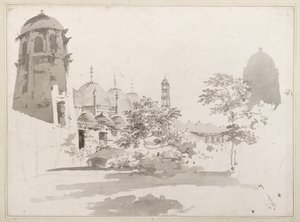 Vista do Cuttera Construído por Jaffier Cawn em Murishidbad, c.1781 (lavagem cinza e lápis sobre papel) de William Hodges