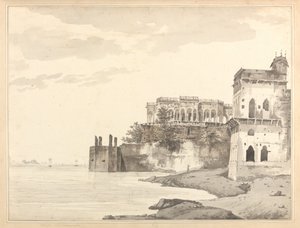 Vista das ruínas de um palácio em Ghazipur, no rio Ganges de William Hodges