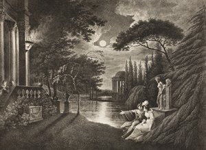 Belmont, Avenida da Casa de Portia, Ato IIV, Cena I, de &39;O Mercador de Veneza&39;, da Galeria Boydell Shakespeare, publicada no final do século XIX de William Hodges