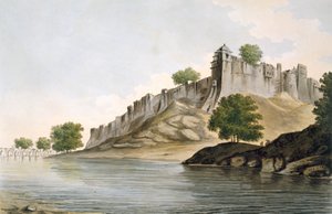 Pl. 33 Uma vista do forte de Ilionpoor sobre os bancos do rio Goomty de &39;Select Views in India&39;, pub. 1785-88 (gravura colorida com aquatint) de William Hodges