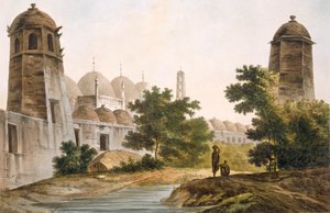 Pl. 41 Uma visão do Cuttera construído por Jaffeir Cawn em Muxadavad, de &39;Select Views in India&39;, pub. 1785-88 (gravura colorida com aquatint) de William Hodges