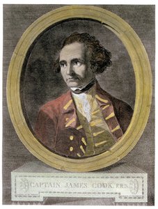 Retrato do capitão James Cook (1728-79), do frontispício de &39;Viagem ao redor do mundo até o pólo sul&39; (posterior coloração) de William Hodges