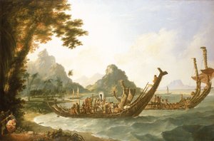Os barcos de guerra da ilha de Otaheite (Tahiti) e das Ilhas da Sociedade, com vista para parte do porto de Ohaneneno, na ilha de Ulieta, uma das Ilhas da Sociedade de William Hodges