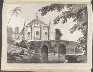 Vista de uma ponte e de uma igreja cristã de William Hodges