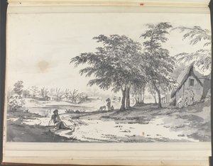 Vista de uma aldeia indígena com um homem sentado em primeiro plano de William Hodges