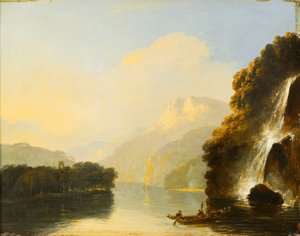 Cascata em Dusky Bay com uma canoa Maori de William Hodges