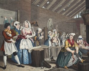 Progresso de uma prostituta, Plate lV: Cena em Bridewell, ilustração de &39;Hogarth restaurado: Obras inteiras do célebre William Hogarth, re-gravado por Thomas Cook&39;, pub. 1812 (gravura colorida à mão