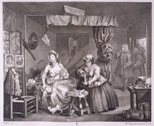 Progresso de uma prostituta, prato III, de "As obras originais e genuínas de William Hogarth", publicado em Londres, 1820-22 de William Hogarth