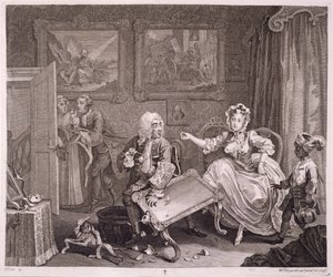 Progresso de uma prostituta, prato II, de "As obras originais e genuínas de William Hogarth", publicado em Londres, 1820-22 de William Hogarth