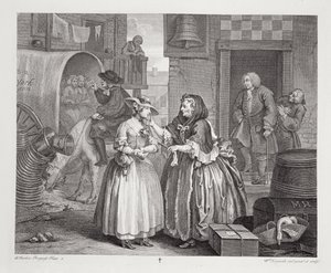 Progresso de uma prostituta, prato I, das "Obras originais e genuínas de William Hogarth", publicado em Londres, 1820-22 de William Hogarth