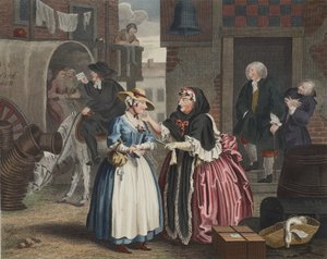 Progresso de uma prostituta, placa I, ilustração de &39;Hogarth restaurado: as obras inteiras do célebre William Hogarth, re-gravado por Thomas Cook&39;, pub. 1812 (gravura colorida à mão)