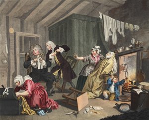 Progresso de uma prostituta, placa V, ilustração de &39;Hogarth restaurado: Obras inteiras do célebre William Hogarth, re-gravado por Thomas Cook&39;, pub. 1812 (gravura colorida à mão)