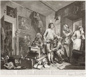 O progresso de um ancinho, ilustração 1: O ancinho que toma posse de seu patrimônio Folha 1: O legado. 1735 de William Hogarth