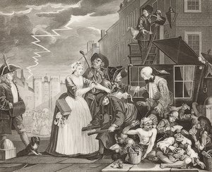 O progresso de um ancinho, ilustração 4: O ancinho preso, indo a tribunal, folha 4: Tom Rakewell preso e salvo. 1735 de William Hogarth