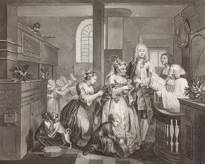 O progresso de um Rake, ilustração 5: O rake que se casa com uma velha - Folha 5: Tom Rakewell casa com uma velha rica). 1735 de William Hogarth