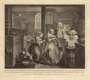 A Rakes Progress, Plate V, junho de 1735 (gravura e água-forte sobre papel vegetal, estado i) de William Hogarth