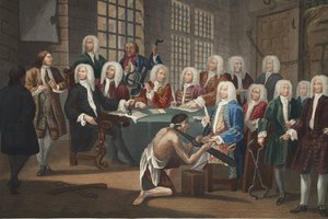 Bambridge em julgamento por homicídio por uma comissão da Câmara dos Comuns, ilustração de "Hogarth Restored": The Whole Works of the celebrated William Hogarth, reengravado por Thomas Cook