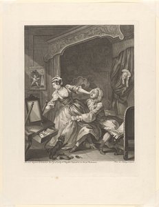"Antes da" Homem puxa uma mulher relutante para ele em um quarto antes (título no objeto) Antes e depois (título da série) Antes e depois (título da série) de William Hogarth