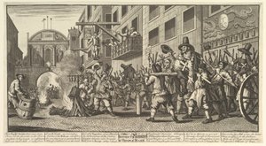Queimando as protuberâncias na barra do templo Doze grandes ilustrações para Samuel Butlers Hudibra ..., 1725-68. de William Hogarth