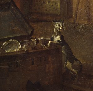 Gato com peito, detalhe de A Rakes Progress I: O Rake Taking Posse de sua propriedade, 1733 óleo sobre tela detalhe de 72326 de William Hogarth
