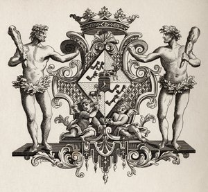Brasão de armas da duquesa de Kendal, de "The Works of Hogarth", publicado em 1833 de William Hogarth