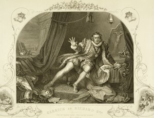 David Garrick (1717-79) como Richard III, Act V Scene 3, na peça de William Shakespeare (1564-1616) gravada por Portbury de William Hogarth