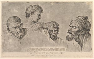 Quatro cabeças das charges de Raphael em Hampton Court, 14 de maio de 1781. de William Hogarth