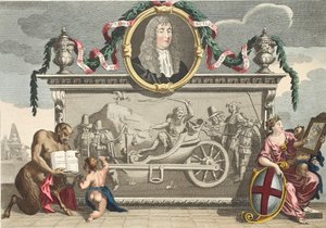 Frontispício para &39;Hudibras&39;, incluindo um retrato de Samuel Butler, ilustração de &39;Hogarth restaurado: as obras inteiras do célebre William Hogarth, re-gravado por Thomas Cook&39;, pub. 1812 (mão de William Hogarth