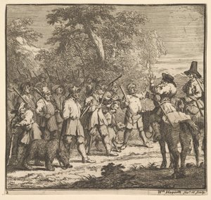 Primeira Aventura de Hudibras Dezessete Ilustrações Pequenas para Samuel Butlers Hudibras, n ..., 1721-26. de William Hogarth