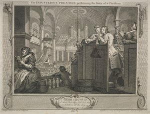 Indústria e ociosidade: o aprendiz industrioso cumprindo o dever de um cristão, 1747. de William Hogarth