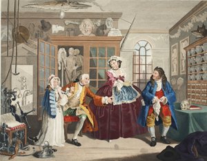 Casamento à la mode, placa III, a inspeção, ilustração de &39;Hogarth restaurado: as obras inteiras do célebre William Hogarth, re-gravado por Thomas Cook&39;, pub. 1812 (gravura colorida à mão) de William Hogarth
