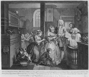 Casado com uma velha empregada doméstica, placa V de &39;A Rake&39;s Progress&39;, 1735 de William Hogarth