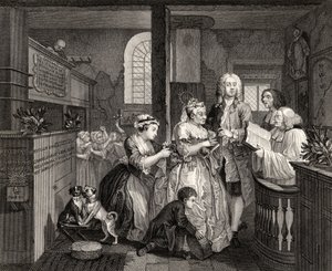 Casado com uma velha empregada doméstica, placa V de &39;A Rake&39;s Progress&39;, de &39;The Works of William Hogarth&39;, publicado em 1833 de William Hogarth
